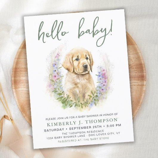 hallo Baby Puppy Dog Modern Sage Green Baby shower Uitnodiging Briefkaart