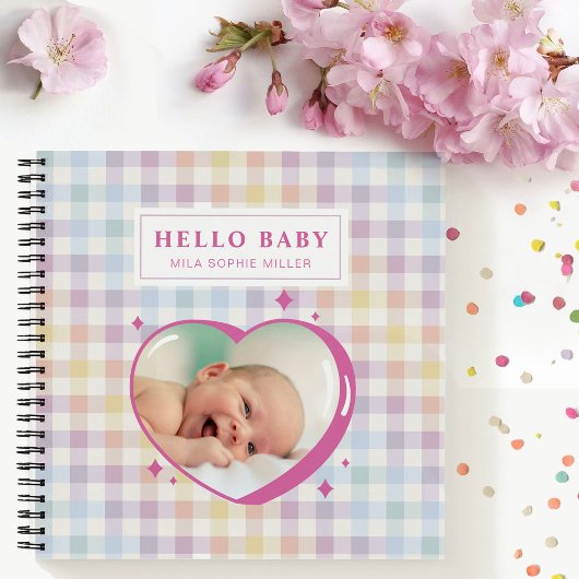 Hallo Baby Rainbow Gingham aangepaste foto Notitieboek