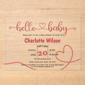 Hallo Baby Red Heart Minimal Baby shower Acryl Uitnodigingen (Voorkant)