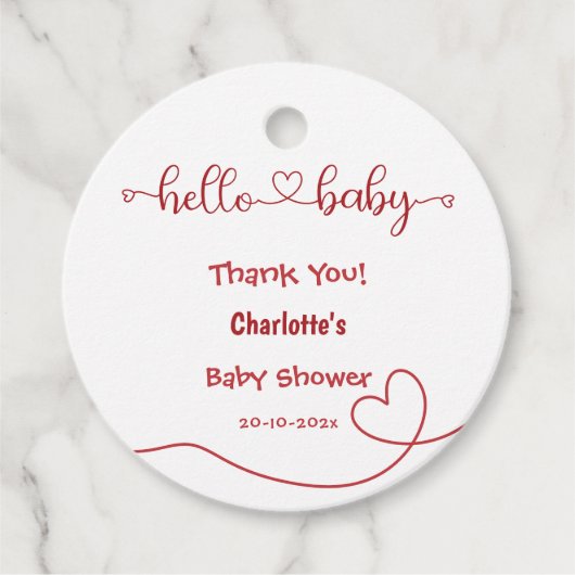 Hallo Baby Red Heart Minimal Baby shower Bedankjes Labels (Voorkant)