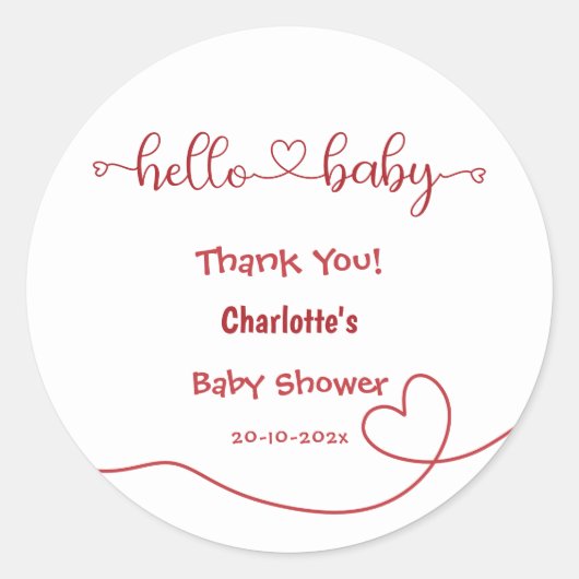 Hallo Baby Red Heart Minimal Baby shower Ronde Sticker (Voorkant)