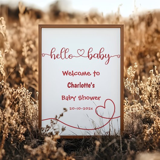 Hallo Baby Red Heart Minimal Baby shower Welkom Poster