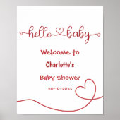 Hallo Baby Red Heart Minimal Baby shower Welkom Poster (Voorkant)