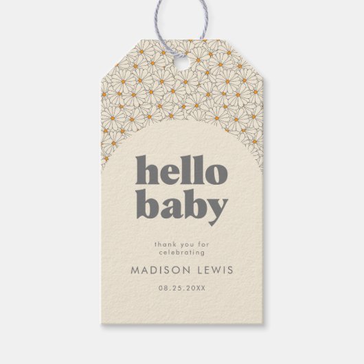 Hallo Baby Retro Boho Daisy Custom Favor Cadeaulabel (Voorkant)