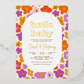 hallo Baby Retro Daisy Gold geperst Baby shower Folie Uitnodiging (Voorkant)