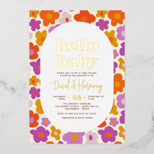 hallo Baby Retro Daisy Gold geperst Baby shower Folie Uitnodiging (Voorkant)