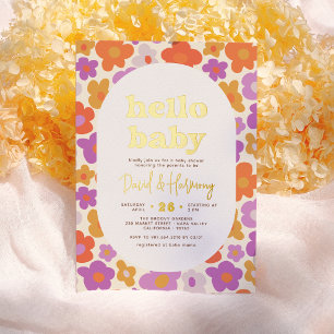 Hallo Baby Retro Daisy Goud Gedrukt Baby Shower Folie Uitnodiging