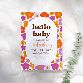 hallo Baby Retro Daisy Oranje en Paars Baby shower Kaart