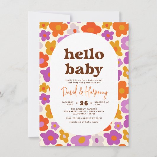 hallo Baby Retro Daisy Oranje en Paars Baby shower Kaart (Voorkant)