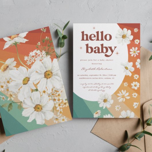 hallo Baby | Retro Daisy Rainbow-Baby shower Kaart