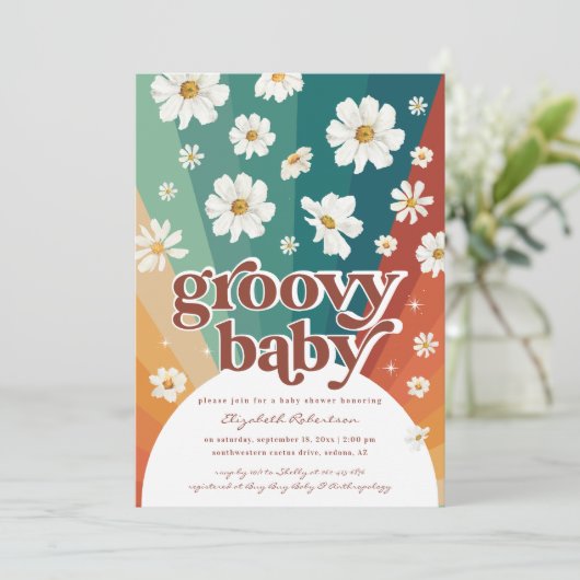 hallo Baby | Retro Daisy Rainbow-Baby shower Kaart (Staand voorkant)