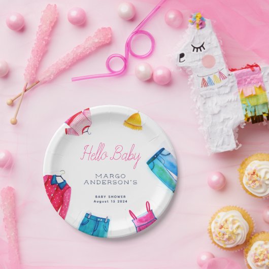 Hallo Baby Roze Blauwe Kleding Baby shower Papieren Bordje (Feest)