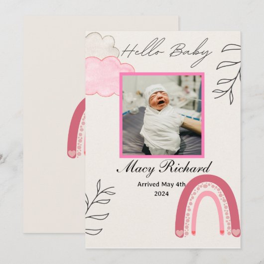 hallo baby roze regenboog & wolkenkrabber aankondiging (Voorkant / Achterkant)