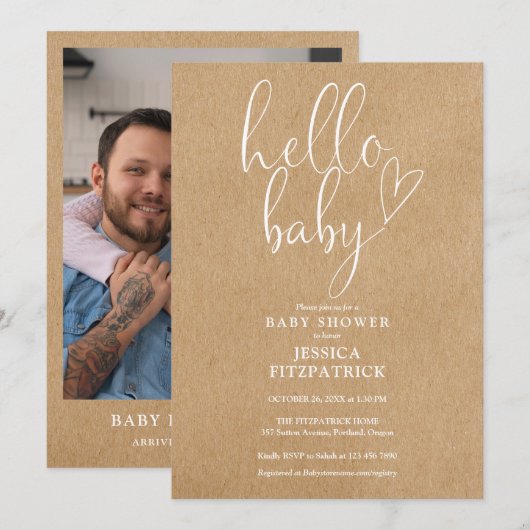 Hallo Baby Rustic Kraft Foto Baby shower Kaart (Voorkant / Achterkant)