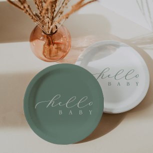 Hallo Baby Sage Script Minimalistisch Baby shower Papieren Bordje