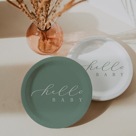 Hallo Baby Sage Script Minimalistisch Baby shower Papieren Bordje