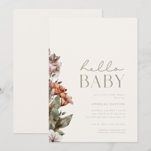 HALLO BABY | Salie & Ivoor Modern Boho Baby shower Kaart (Voorkant / Achterkant)