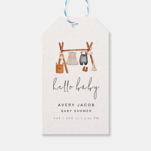 Hallo Baby | Schattige Boho Kleding Baby shower Cadeaulabel (Voorkant)