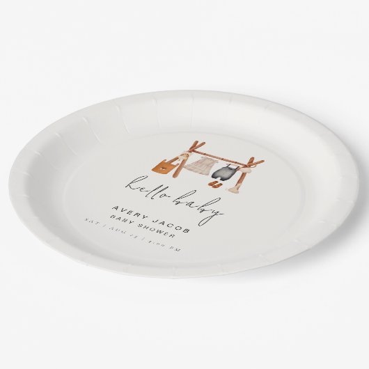 Hallo Baby | Schattige Boho Kleding Baby shower Papieren Bordje (Gekanteld)