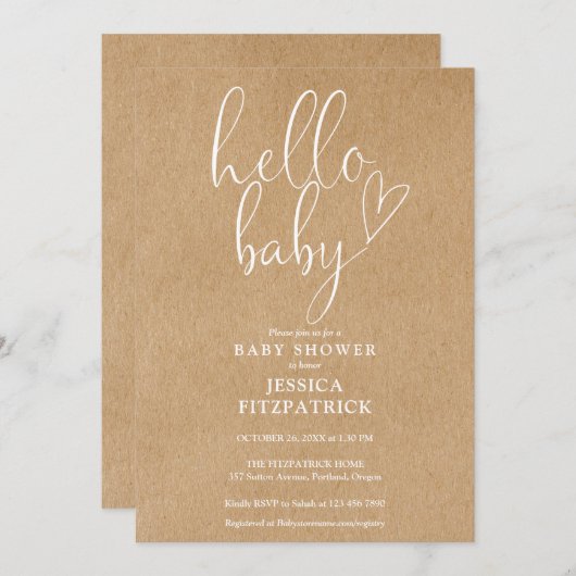 Hallo Baby Script Boho Kraft Baby shower Kaart (Voorkant / Achterkant)
