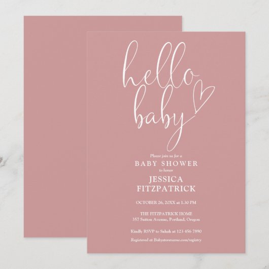 Hallo Baby Script Dusty Roos Pink Girl Baby shower Kaart (Voorkant / Achterkant)