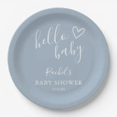 Hallo Baby Shower Baby Jongen Stof Blauw Cute Hart Papieren Bordje (Voorkant)
