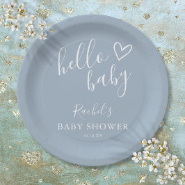Hallo Baby Shower Baby Jongen Stof Blauw Cute Hart Papieren Bordje