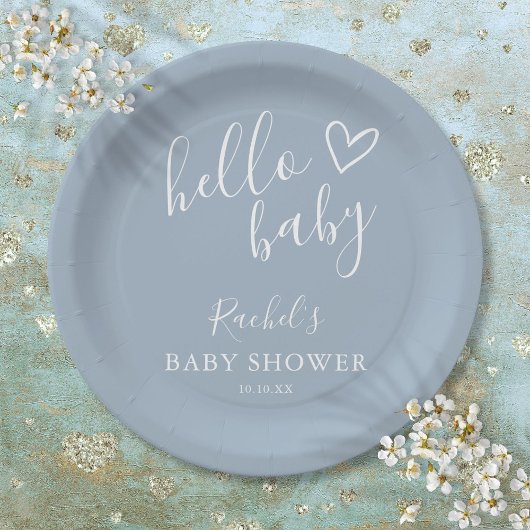 Hallo Baby Shower Baby Jongen Stof Blauw Cute Hart Papieren Bordje