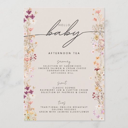 Hallo Baby shower Beige Boho Wildflower Floral Menu (Voorkant)