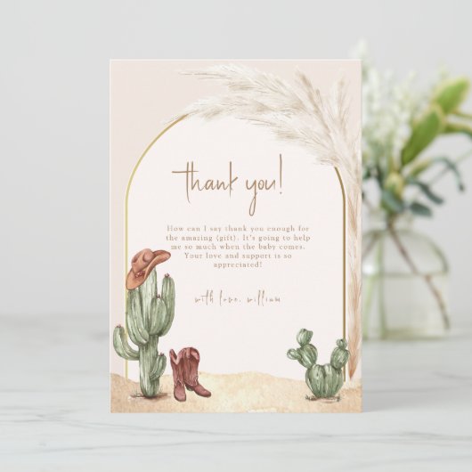 Hallo Baby shower Boho Cactus Arch Desert Cowboy Bedankkaart (Staand voorkant)