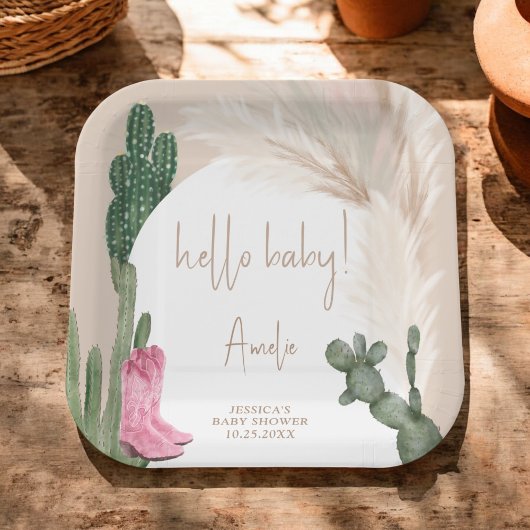 Hallo baby shower Boho cactus pampas cowboylaarzen Papieren Bordje
