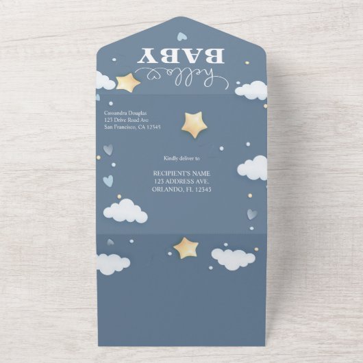 Hallo Baby shower Dusty Blue Clouds All In One Uitnodiging (Buitenkant)
