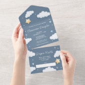 Hallo Baby shower Dusty Blue Clouds All In One Uitnodiging (Afscheurbaar)