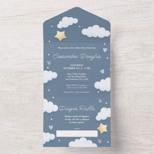 Hallo Baby shower Dusty Blue Clouds All In One Uitnodiging (Binnen)