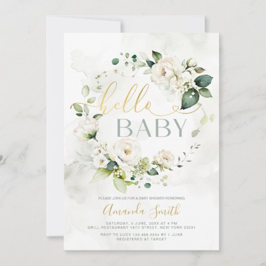 Hallo Baby shower Elegant wit groen Floral Kaart (Voorkant)