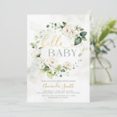 Hallo Baby shower Elegant wit groen Floral Kaart (Staand voorkant)