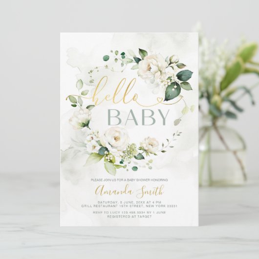 Hallo Baby shower Elegant wit groen Floral Kaart (Staand voorkant)