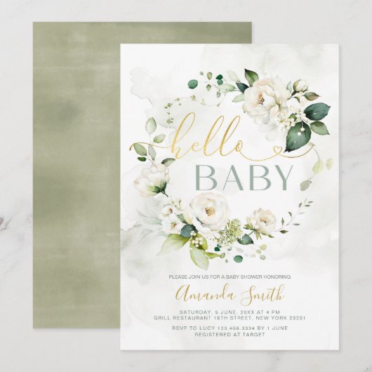 Hallo Baby shower Elegant wit groen Floral Kaart (Voorkant / Achterkant)