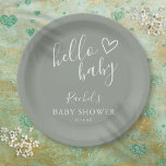 hallo Baby shower Genderneutrale Boho Sage Green Papieren Bordje<br><div class="desc">Een modern minimalistisch baby showers papieren bord met een schattig handgetekend hart en stijlvolle typografie op een genderneutrale wijze groene achtergrond. Ontworpen door Thisnotme©</div>