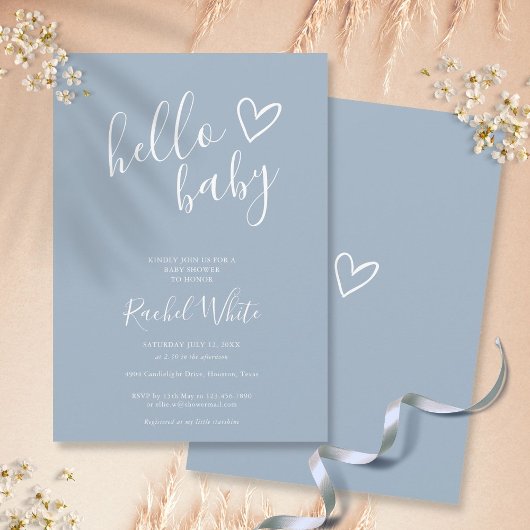 hallo Baby shower Heart Dusty Blue Minimalist Kaart
