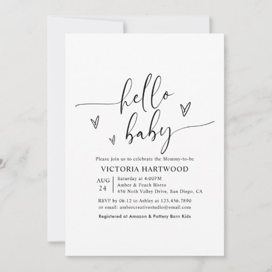 Hallo Baby shower Minimalistisch hartscript Kaart (Voorkant)