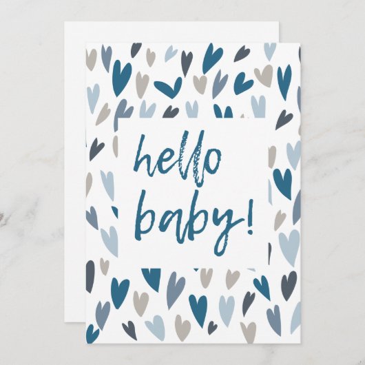 Hallo Baby shower Modern Hearts Blue Boy Kaart (Voorkant / Achterkant)