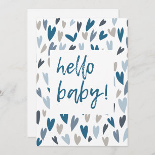 Hallo Baby shower Modern Hearts Blue Boy Kaart