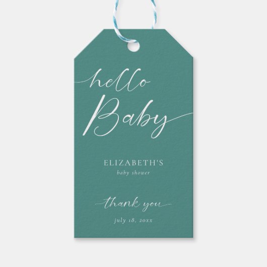 Hallo Baby Shower Moderne Script Teal Elegant Cadeaulabel (Voorkant)