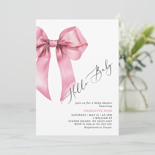 Hallo Baby shower Pink Bow Kaart (Staand voorkant)