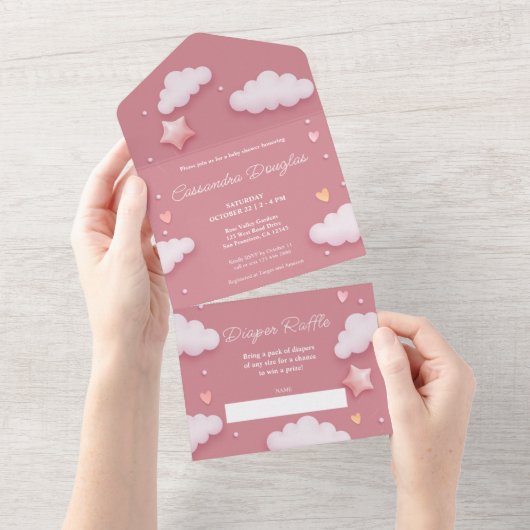 Hallo Baby shower Pink Clouds All In One Uitnodiging (Afscheurbaar)