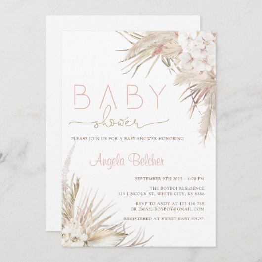 Hallo Baby shower Roze Pampas Grass Boho Kaart (Voorkant / Achterkant)
