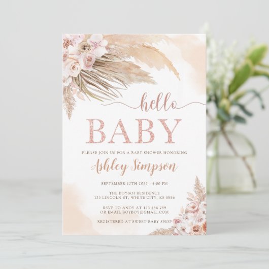 Hallo Baby shower Roze Pampas Grass Boho Kaart (Staand voorkant)