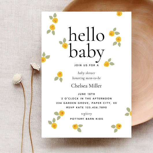 Hallo Baby shower Typografie Yellow Floral Kaart