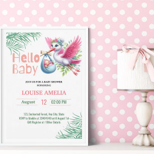 Hallo Baby Stork Levering Meisje Baby shower Kaart
